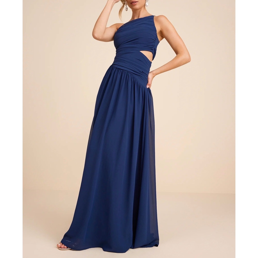 Lulus Navy Blue One Shoulder Maxi Dress Chiffon Formal Gown NWT Size M 2905